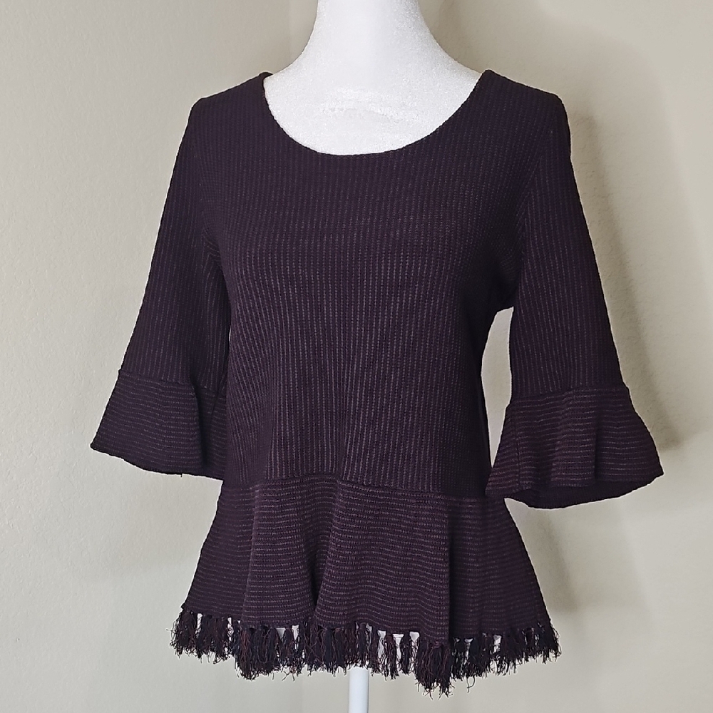 Ann Taylor Purple/Navy Stripe Peplum Sweater Bell Sleeves Fringe Hem Sz M